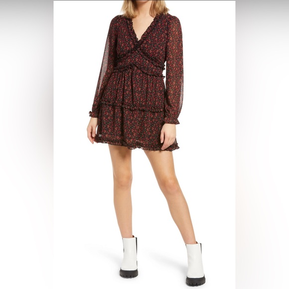 (New with Tags) Row A Floral Ruffle Long Sleeve Mini Dress - Picture 2 of 9